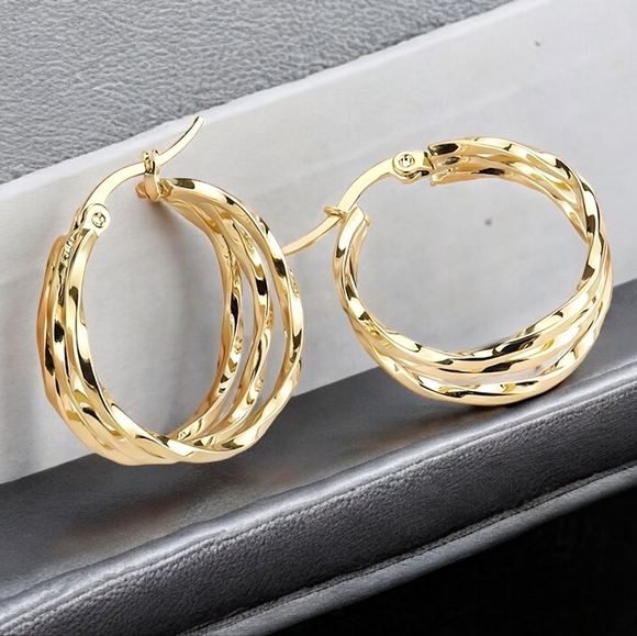 🆕️ Triple the Glam: 18K Gold Plated Hoop Earrings - Chic & Hypoallergenic - Picture 1 of 9